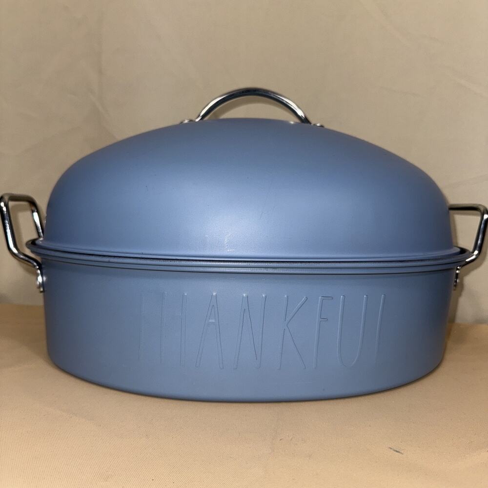 Rae Dunn THANKFUL Blue Oval Roaster Pan w Lid Rack Thanksgiving Farmhouse